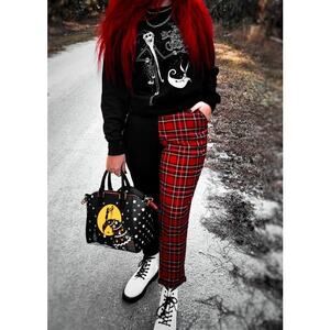 Hot Topic Black & Red Plaid Split Leg Pants Punk Goth Grunge Emo Festival Party